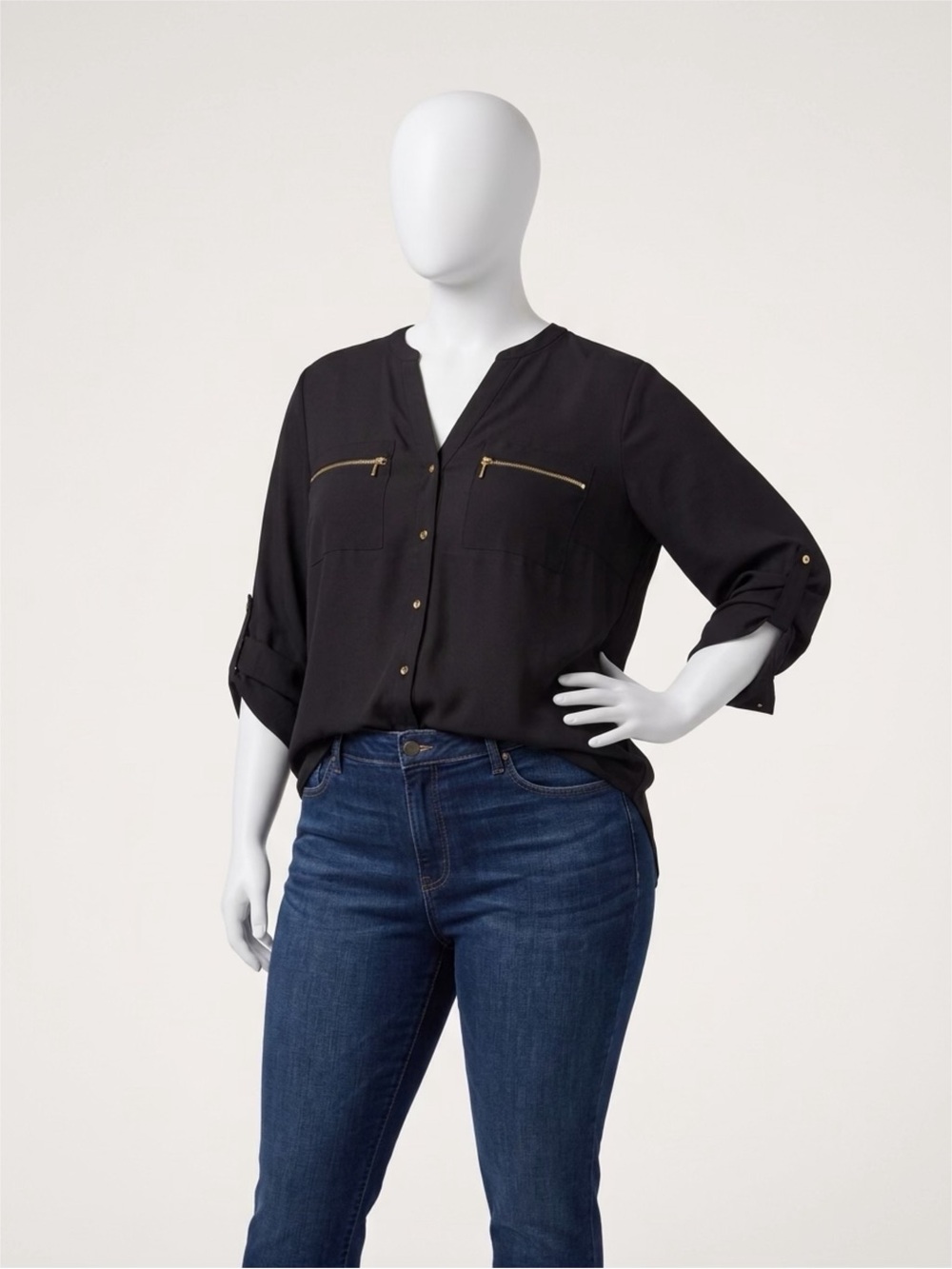 Black Button-Front Blouse with Gold Zipper Detail Calvin Klein